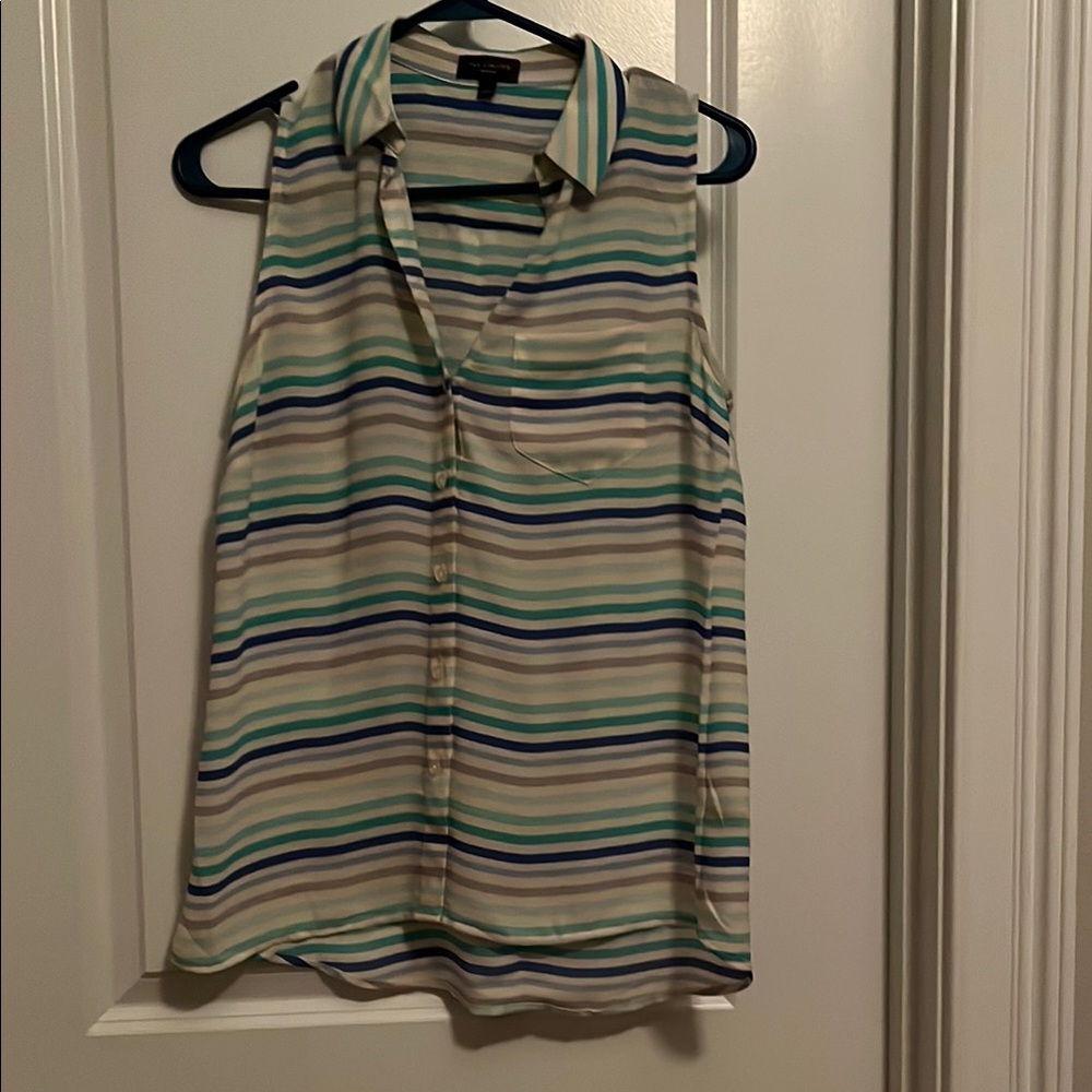 The Limited Green and Blue Sleeveless Blouse with Notched Collar